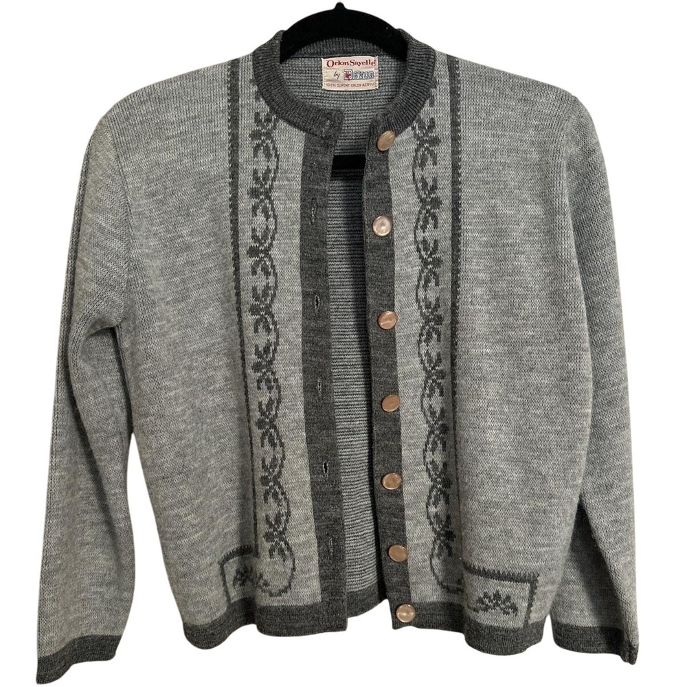 Vintage Devon Orlon Sayelle Gray Nordic Fair Isle Button‎ Cardigan Sweater